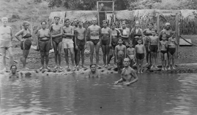 Edmond Szekey (foreground, in the river) leading one of his health-retreat groups during the mid-1930s. This photo was not taken at Lake Elsinore, California (subject of this month's "Origins of the Ranch")...but probably shows his riverside camp in Rio Corona, Mexico--one year after Lake Elsinore. 