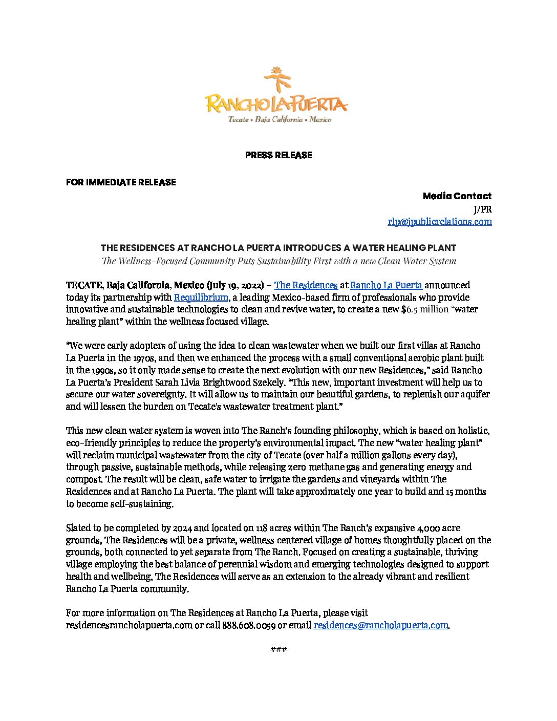 The Residences Introduces a Water Healing Plant