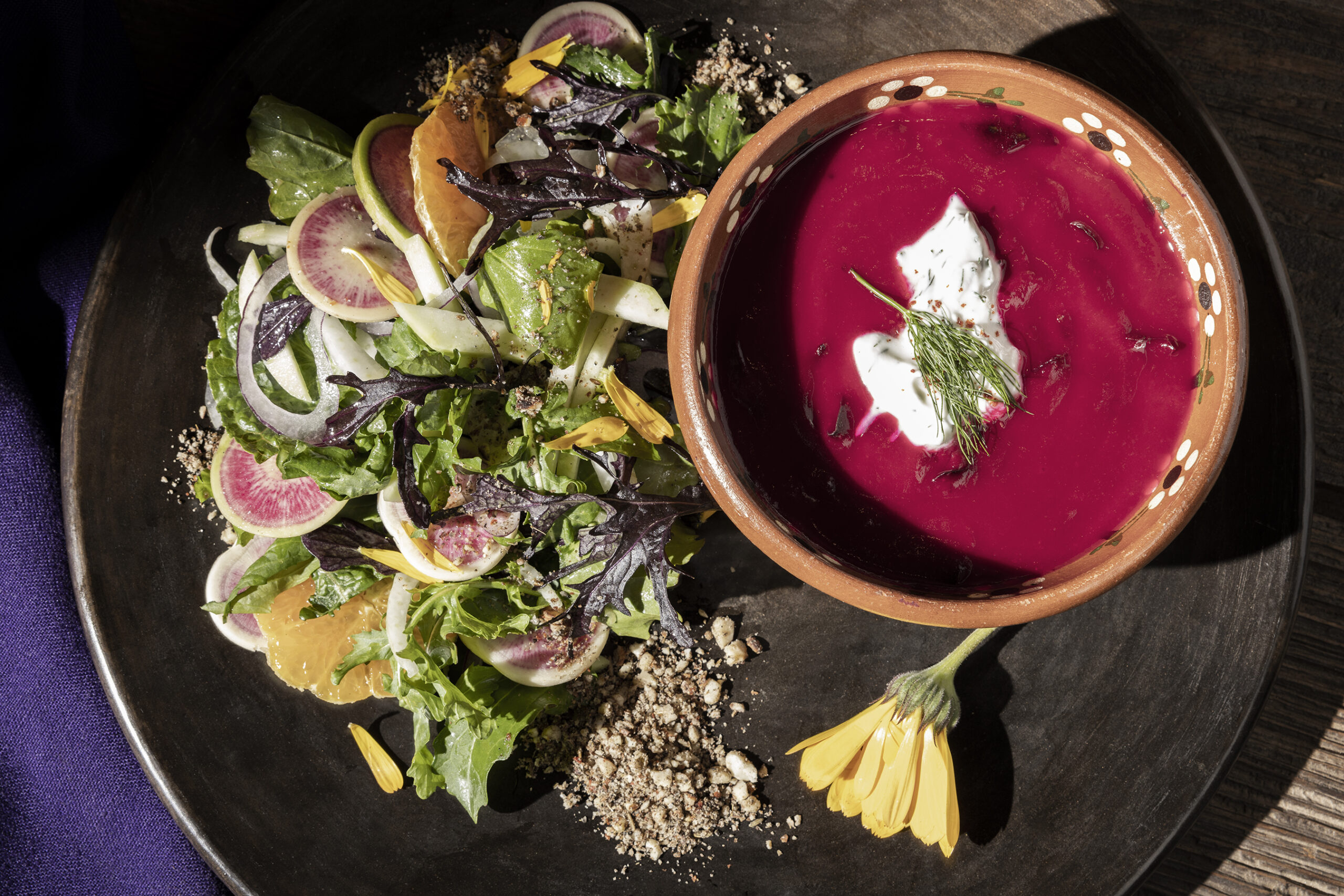Whole-Beet and Parsnip Borscht with Dukkah from visiting teacher Jeanne Kelley